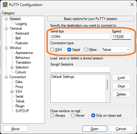 PuTTY serial connection configuration